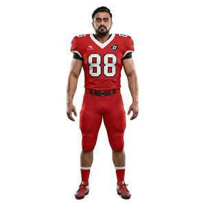 Custom High Visibility Red American Football Uniform Set Spandex Mesh Jersey Short V-neck <b>Padded</b> <b>Pants</b> Adult Printed Front 4-way - Product Image 1