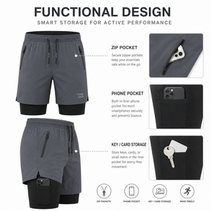 Men's 2-In-1 Double <b>Layer</b> Shorts With Compression Liner Quick Dry Sporty Bermuda Shorts With Zip Pockets And Drawstring Closure - Product Image 5
