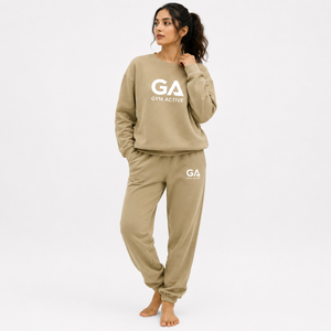 <b>Womens</b> <b>Beige</b> Oversized Cotton Blend Hooded Sweatshirt <b>Jogger</b> Set Custom Logo Casual Sportswear Lounge Wear Tracksuit - Product Image 1