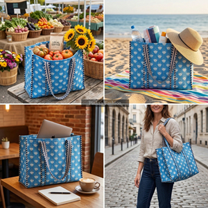 Bolsa de Mano Grande Acolchada de Algodón con Estampado Floral Azul, Bolso de Hombro para Mujer, Ecológico, Reutilizable, para Compras - Product Image 2