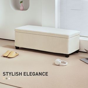 Pouf in velluto a coste beige da 44 pollici con coperchio contenitore e gambe - Panca per fondo letto per casa, ufficio, appartamento, soggiorno, camera da letto, ingresso - Product Image 4