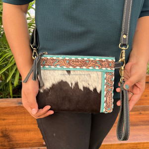 Bolso de mano de cuero con borlas pequeñas para mujer, bolso cruzado occidental con pelo en cuero genuino, bolso de mano, bolsos de piel de vaca Turquesa - Product Image 2