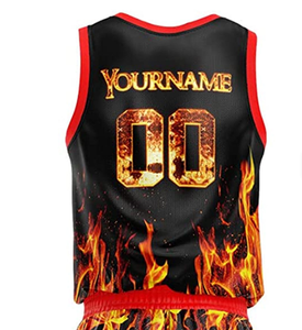 Custom High Quality Basketball Jersey Set Unisex Sleeveless Elastic Waist Sublimated Flame Print Teamwear Breathable Polyester - Product Image 4