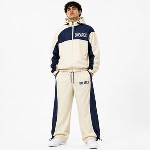 Custom <b>Navy</b> Blue Cream Color Block Hooded Tracksuit Set Windbreaker Jacket and Loose Fit <b>Jogger</b> Pants Streetwear - Product Image 1