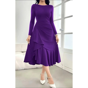 ชุดเดรสยาวสีม่วงหรูหรา แขนยาว แต่งระบายเป็นชั้นๆ ทรงเข้ารูป เหมาะสำหรับงานเลี้ยงค็อกเทลและงานกลางคืน - Product Image 2