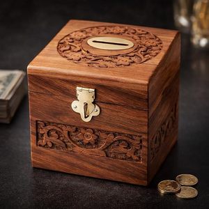 Tirelire en bois pour enfants, boîte à monnaie en bois naturel, forme carrée, tirelire pour enfants, idée cadeau pour garçons et filles - Product Image 1