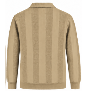 Beige <b>Mens</b> <b>Long</b> <b>Sleeve</b> Knitted <b>Polo</b> <b>Shirt</b> Textured Vertical Stripe Design Ribbed Hem Collar Smart Casual Premium Fashion Top - Product Image 2