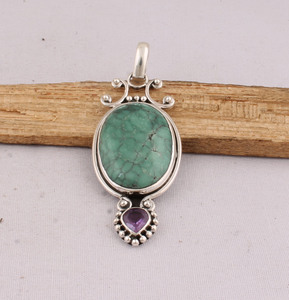 Pendentif en turquoise tibétaine naturelle serti de pierres, en argent sterling 925, vente en gros, pierre précieuse turquoise authentique, fait main - Product Image 5