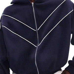 Sudadera con Capucha para Hombre, Color Azul Marino, Corte Holgado, Diseño con Rayas Blancas, Cierre Frontal con Cremallera, Estilo Casual para Otoño, Material de Felpa Tejida - Product Image 6