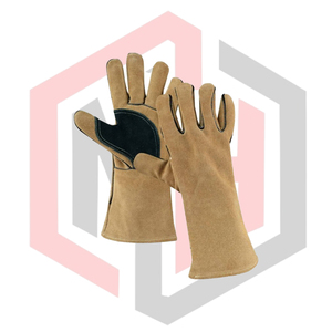 Gant de soudage en cuir beige avec renfort de paume vert pour doublure cousue, résistant aux déchirures, à l'usure et isolant thermiquement - Product Image 1