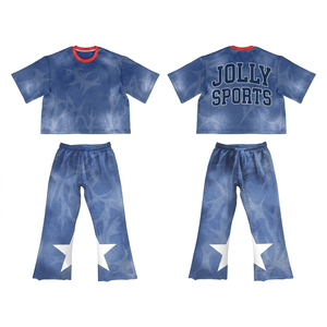 Women premium cotton fleece tracksuit 240 GSM acid wash blue <b>tshirt</b> and jogger set puff print custom logo Women's Sets - Product Image 5