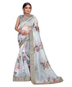 Bollywood Designer Soie Lyra Tissu Saree Travail Fleur Broche Fête De Mariage Porter Impression Numérique Coloré De Luxe Indien Saree - Product Image 1