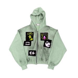 Oversized Washed Zip Up Hoodie Men's <b>Retro</b> Streetwear <b>Sweatshirt</b> Patchwork Pullover Custom Logo Hoodies - Product Image 2