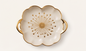 Plateau de service moderne en émail crème festonné, motif étoile, en métal avec poignées dorées, décoration esthétique pour la maison, pièce maîtresse - Product Image 2