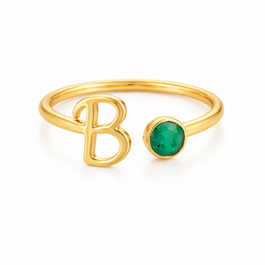 925 Sterling Silver 18K Gold Plated <b>Initial</b> 'B' <b>Ring</b> <b>with</b> Emerald | Adjustable Alphabet <b>Ring</b> | Wedding & Party Women Jewelry - Product Image 1