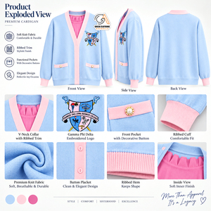 Pull universitaire personnalisé pour femme Gamma Phi Delta, respirant, 100 % polyester, hiver, logo brodé sur le devant, bleu ciel et rose, décontracté, coupe ample - Product Image 5