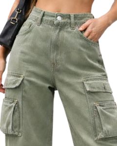 Jean cargo en denim vert olive taille haute à jambe large avec plusieurs poches, style urbain, coupe décontractée pour femme, personnalisable OEM - Product Image 5