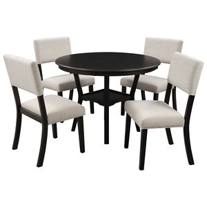 Espresso 5-Piece <b>Kitchen</b> Dining Table Set Round Table with Bottom <b>Shelf</b> & 4 Upholstered Chairs for Dining Room - Product Image 6