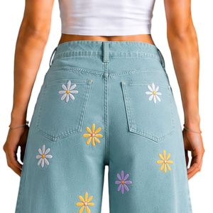 Vaqueros anchos de mezclilla verde marino para mujer con bordado floral, cintura alta, holgados, estilo casual urbano, venta al por mayor OEM ODM personalizada - Product Image 6