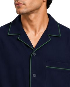 Manufacturer Custom <b>Navy</b> Blue Cuban Collar Men Shirt Green Contrast Piping Casual Half Sleeve Summer Streetwear Fashion <b>Top</b> Wear - Product Image 5