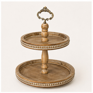 2 Tiered Wood Serving Stand with <b>Beaded</b> <b>Trim</b> Farmhouse Decorative Tray for Kitchen Counter & Coffee Bar Cupcake Stand - Product Image 4