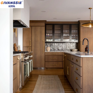 Armoire de cuisine moderne en bois bicolore de luxe, écologique, sur mesure, finition noyer chaud américain, cadre noir, portes en verre cannelé - Product Image 6
