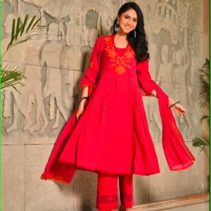 Magenta Applique Work Anarkali Cotton Kurta Dupatta Set - Product Image 1