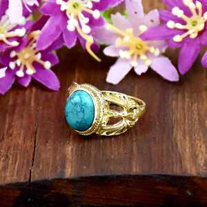 Natural Handmade <b>Turquoise</b> Gemstone Oval Shape <b>Ring</b> Silver 18K <b>Gold</b> Plated <b>Ring</b> Gemstone Fashion <b>Ring</b> Waterproof Jewelry - Product Image 2