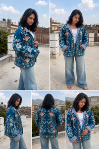 Velvet Woven Finished Sujani Art Embroidered Floral Pattern Open Front Reversible Thick Winter Jacket - Product Image 2