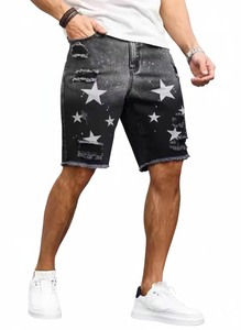 Shorts en jean noir streetwear personnalisés pour homme, coupe slim, en denim épais avec détails déchirés et motif étoile blanche - Product Image 4