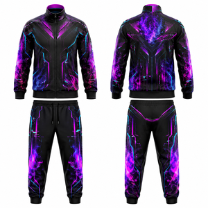 Conjunto Deportivo para Hombre, Negro y Morado, con Diseño Geométrico, Chaqueta con Cierre Completo, Pantalones para Correr, Secado Rápido, Poliéster, para Otoño, con Bolsillos Laterales - Product Image 1