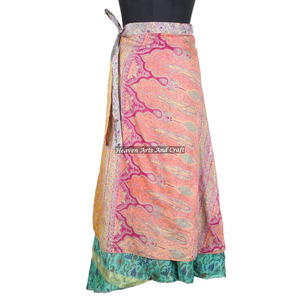New Long Layered Sari Silk <b>Wrap</b> <b>Skirts</b> Women Wear Vintage Silk Sari Long Length <b>Wrap</b> <b>Around</b> <b>Skirt</b> 2 Layer Reversible Cover up - Product Image 1