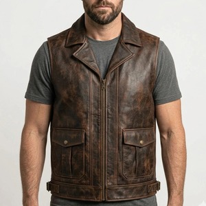Chaleco de cuero genuino marrón vintage personalizado para hombre, chaleco sin mangas estilo motociclista, chaleco con cremallera estilo occidental - Product Image 1