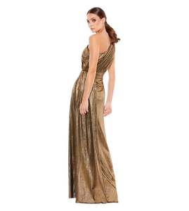 <b>Gold</b> One Shoulder Metallic Sequined Pleated Mermaid Evening <b>Dress</b> with Side Slit Chapel Train Anti-Wrinkle - Product Image 6