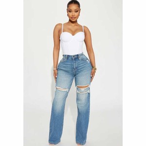 Jean en denim déchiré et délavé taille haute à jambe large pour femme, grande taille, coupe décontractée ample, longueur intégrale, en coton bleu - Product Image 3