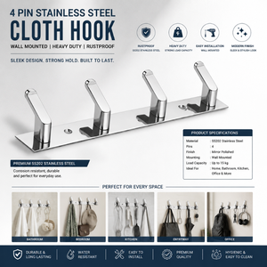 4 Pin SS202 Stainless Steel Cloth <b>Hook</b> Wall Mounted Heavy Duty Rustproof Door <b>Towel</b> Hanger Coat Holder for Bathroom Wholesale - Product Image 4