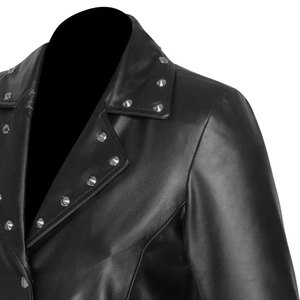 Abrigo de cuero genuino asimétrico negro para mujer, chaqueta larga con cinturón con tachuelas estilo gótico - Product Image 3
