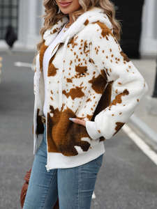 Veste d'hiver en polaire à capuche et fermeture éclair pour femme |   Sweat-shirt ultra doux en peluche à imprimé léopard, écologique et personnalisable, vente en gros 2026 - Product Image 4