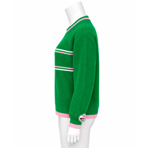 <b>Women's</b> Green Rib Knit Crew Neck Sweater With Pink <b>White</b> Stripes Full Sleeve Casual Winter Pullover 100% Acrylic Anti-Pilling - Product Image 3