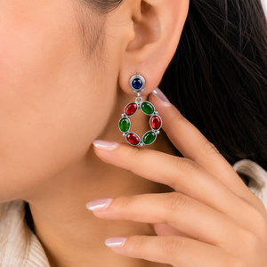 Verified Manufacturer Blue <b>Cat</b> Eye Stone Open Oval <b>Earrings</b> for Women | Oxidized Silver Brass Statement Jewelry Bulk Supplier - Product Image 2