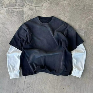 Camiseta Negra Extra Grande para Hombre con Capa Blanca de Manga Larga, Cuello Redondo, Color Sólido, Tejido Casual, 100% Algodón - Product Image 6