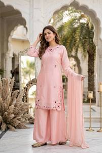 Designer Roman Glass Embroidered Palazzo Set with Handcrafted Pearl Moti Work and Four Side Lace Dupatta for Wedding Functions, - Product Image 2