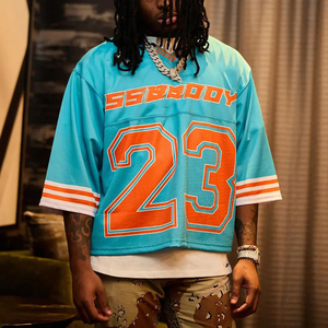 Camiseta de Fútbol Oversize para Hombre, Manga Corta, Cuello en V, Estampado de Número, Estilo Urbano, Azul y Naranja con Ribete en Contraste, Poliéster Tejido - Product Image 1