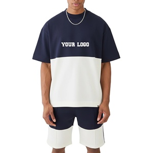 Ensemble T-shirt et short en coton pour homme, color block, col rond, coupe ample, style streetwear, deux pièces, logo personnalisé imprimé sur le devant - Product Image 4