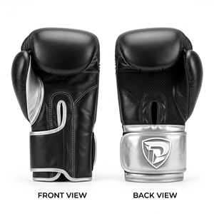 Dumela International Black <b>Silver</b> Leather Portable Boxing <b>Gloves</b> Vertical Style Professional Training Gear Logo Design - Product Image 1