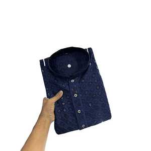 DISEÑADOR RAYON ALGODÓN MÁQUINA BORDADO TRABAJO HOMBRE KURTA PAYJAMA AZUL MARINO - Product Image 1