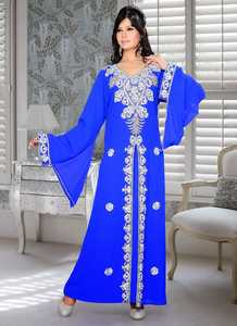 AWAIS HOUSE Women's Royal Blue <b>Chiffon</b> Floor-Length V-Neck Embroidered Modest Evening Dress Long Sleeve A-Line Natural - Product Image 5