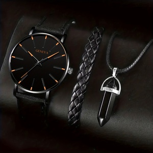 6249 3pcs/set 1pc Round Men's Quartz <b>Watch</b> & 1pc Bracelet & 1pc Necklace Men's <b>Watch</b> Set - Product Image 2