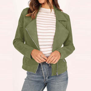 Vestes pour femmes en daim de style motard vert avec fermeture à glissière asymétrique col à revers manches longues recadrée Moto Fit Look Vintage moderne - Product Image 1