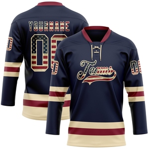 Maillot de hockey vintage bleu marine à col lacé, motif drapeau américain, qualité supérieure, personnalisé, vente en gros, le plus vendu, directement de l'industrie - Product Image 1